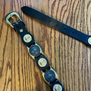 Vintage Milos Italy Coin Leather Belt Large EUC Link Black/Gold/Silver MilosLeatherMedusaBelt-4_1200x  main image 4